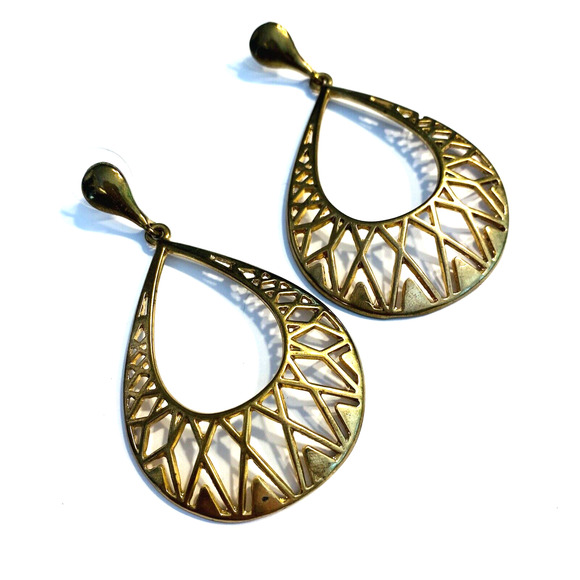Vintage Y2K Boho Goldtone Pierced Earrings Drop Dangle Teardrop Hoops Festival - Picture 1 of 5